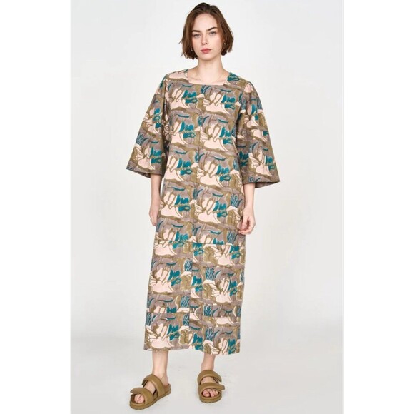 MIRTH Provence Block-Print Midi Dress M Moss Reef Hand-Loomed Cotton NWT $325 - Picture 1 of 9